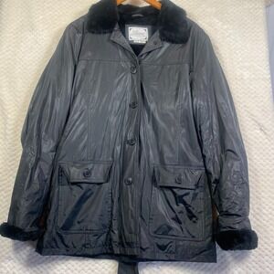 LEARSI Womens Medium Black Parka Jacket Faux Fur Collar Insulated Coat‎